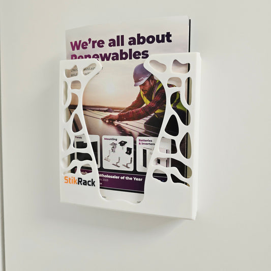StikRack™ A5 Wall-Mounted Brochure Holder – Modern 3D Printed Literature Display Rack – Self-Adhesive – UK Made