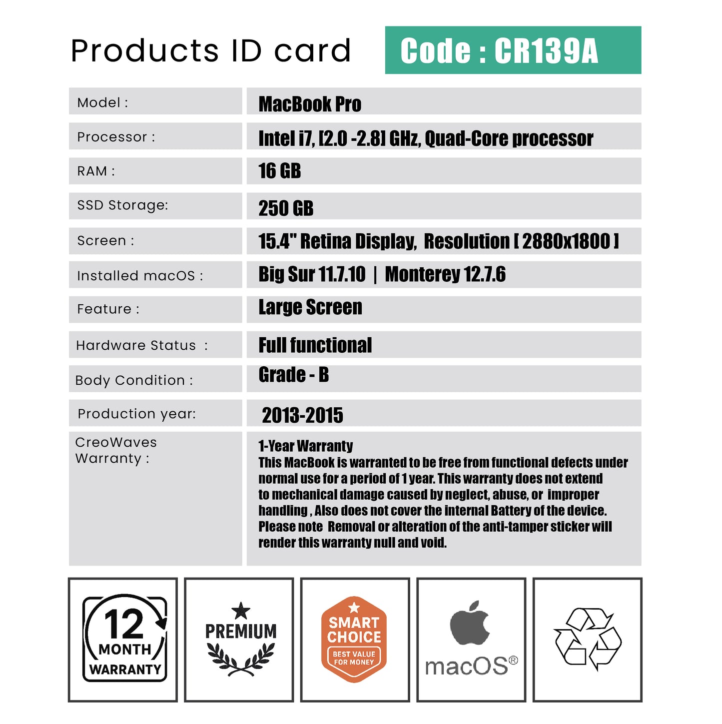 MacBook Pro - Code : CR139A