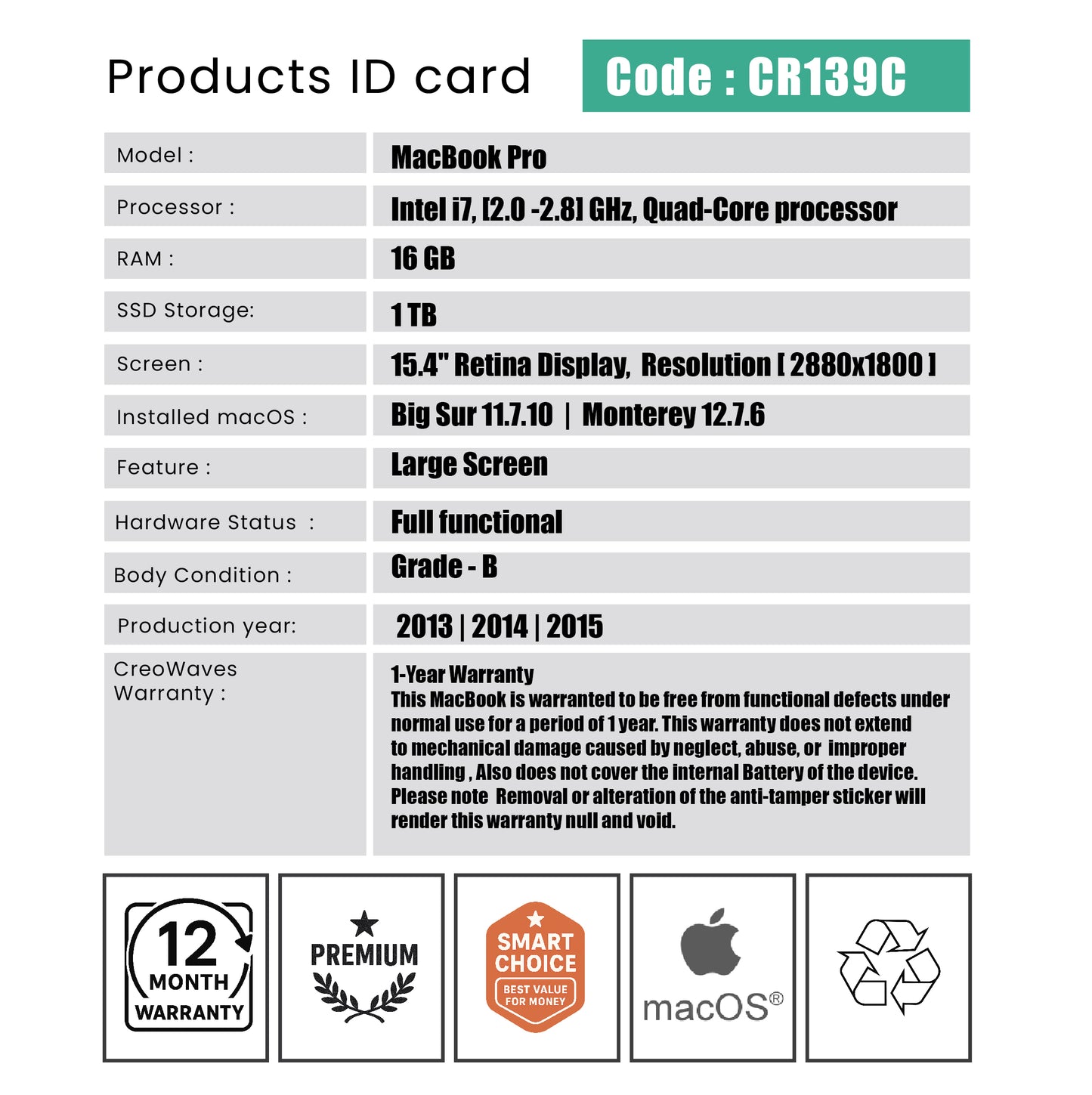 MacBook Pro - Code : CR139C