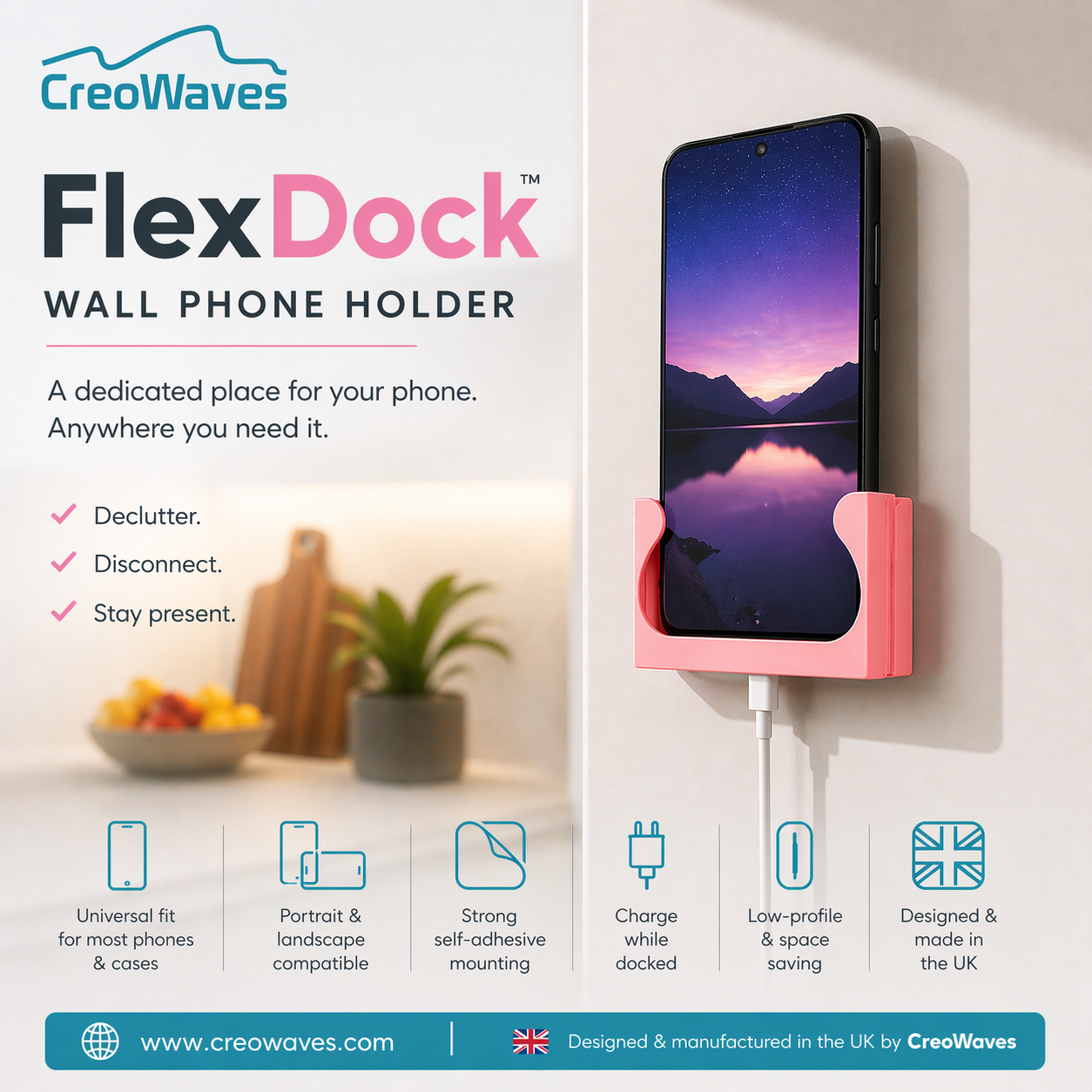 FlexDock™ Self-Adhesive Wall Phone Holder – Universal Mobile Dock for Kitchen, Office & Charging | Made in UK by Creowaves