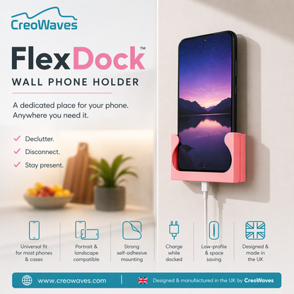 FlexDock™ Self-Adhesive Wall Phone Holder – Universal Mobile Dock for Kitchen, Office & Charging | Made in UK by Creowaves
