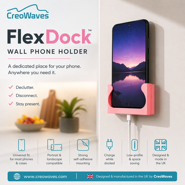 FlexDock™ Self-Adhesive Wall Phone Holder – Universal Mobile Dock for Kitchen, Office & Charging | Made in UK by Creowaves