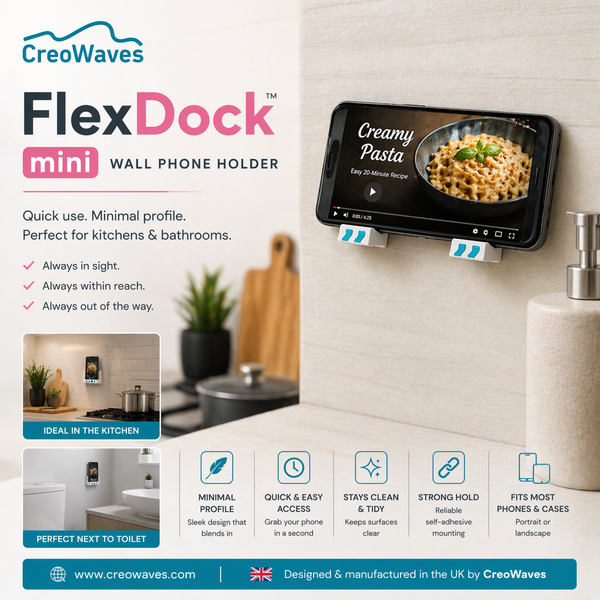 FlexDock Min Self-Adhesive Wall Phone Holder – Ultra Slim Quick-Access Mobile Mount for Kitchen & Bathroom | Made in UK by Creowaves