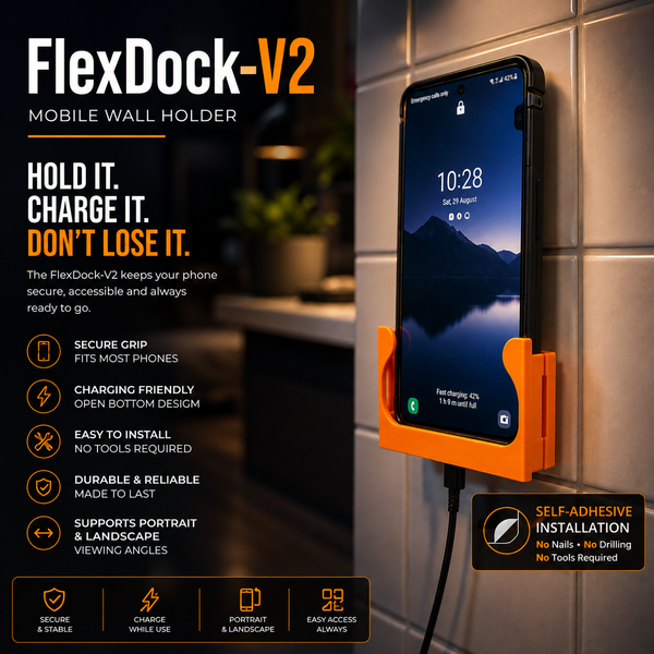 FlexDock-V2™ Self-Adhesive Wall Phone Holder – Universal Mobile Dock  with charging port access | Made in UK by Creowaves