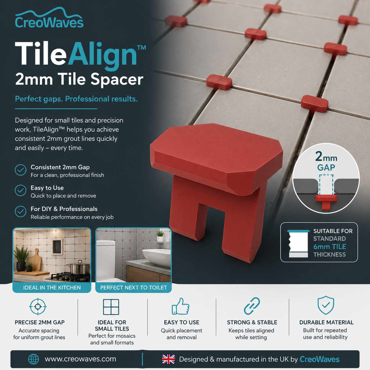 TileAlign 2mm Tile Spacer -Precision Gap Spacing for Small Tiles | Easy DIY & Professional Use | Designed & Made in UK