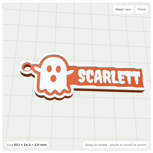 3D preview of a personalised Halloween name keyring