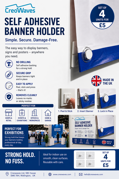 Self-Adhesive Banner Holder (Set of 4) – No Drill, Damage-Free Display