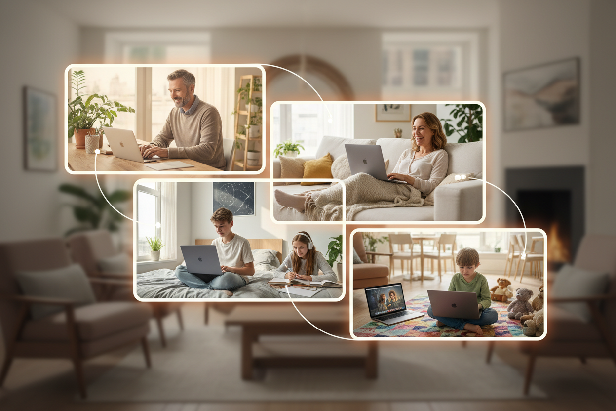 macbook for each person in the family , a picture shows family collage each one using macbook