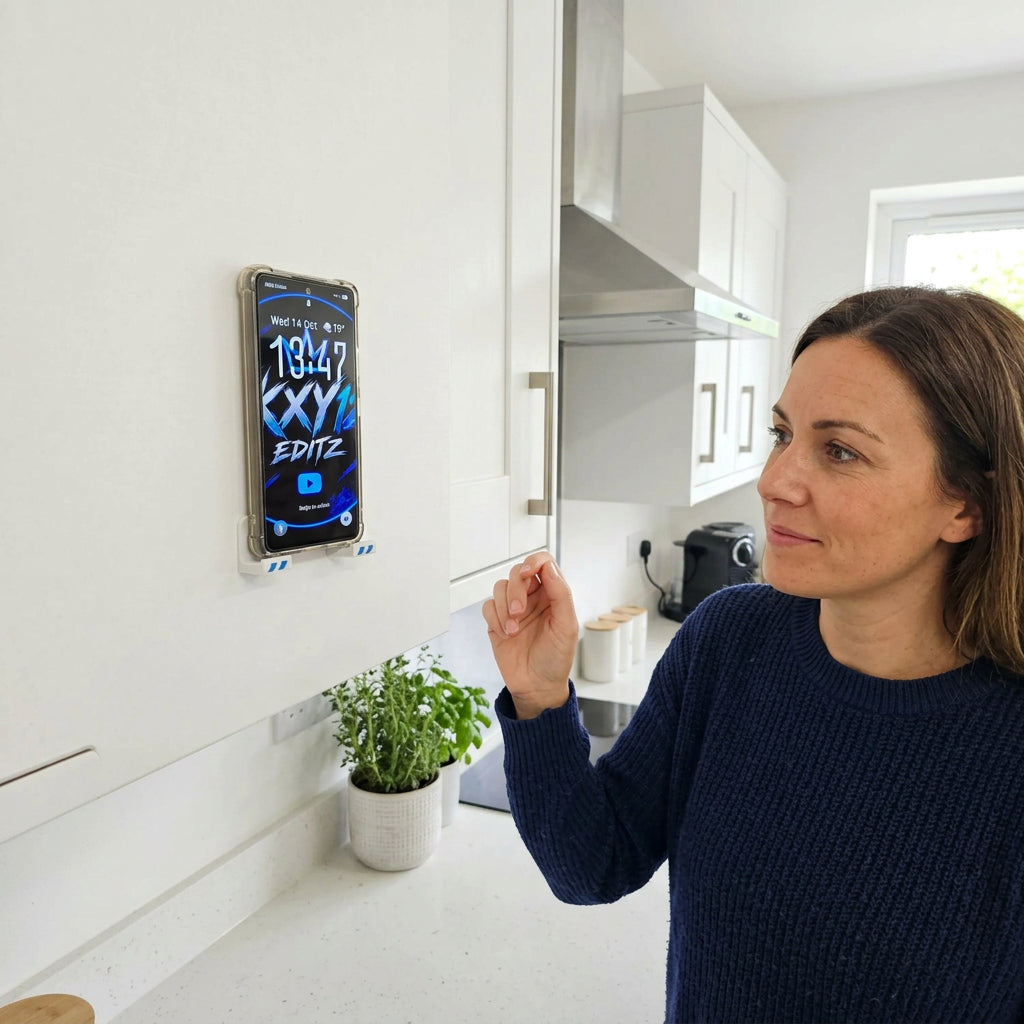 FlexDock Min Self-Adhesive Wall Phone Holder – Ultra Slim Quick-Access Mobile Mount for Kitchen & Bathroom | Made in UK by Creowaves